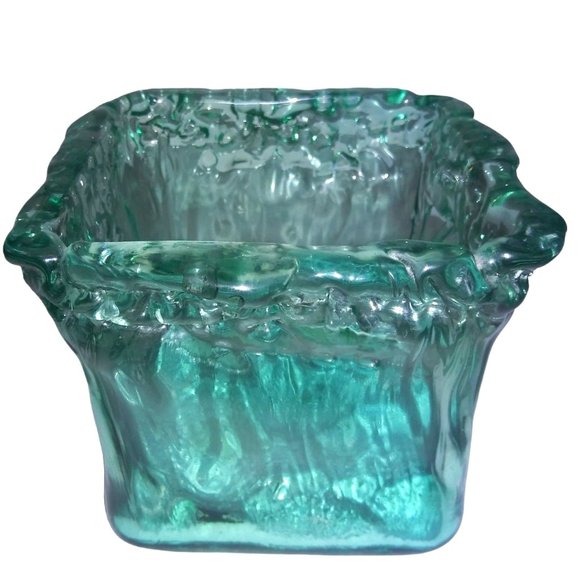 Aqua Blue 100 % Recycled Glass Square Textured Candle Planter Spain - Picture 1 of 10